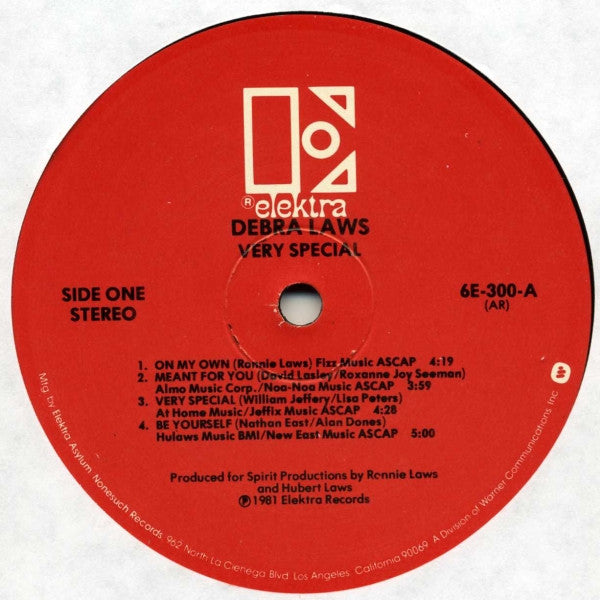 Image of Label Cover of LP - VG/VG - DEBRA LAWS, Very Special (Elektra Red & White; 6E-300, US 1981, Inner), Light hairlines. Inner has split seams. Heavy edgewear. Cut-out strip. ,  - 4426010E