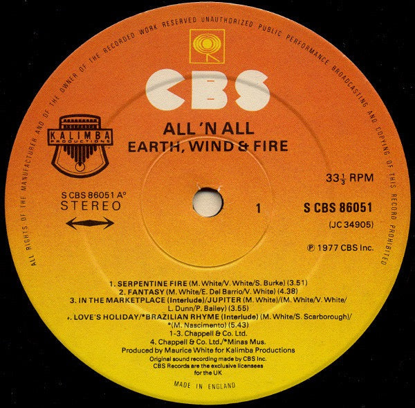 Image of Label Cover of LP - VG/VG - EARTH, WIND & FIRE, All 'N All (CBS; 86051, UK 1977, Gatefold, No Insert), Strong VG throughout!,  - 4416055C