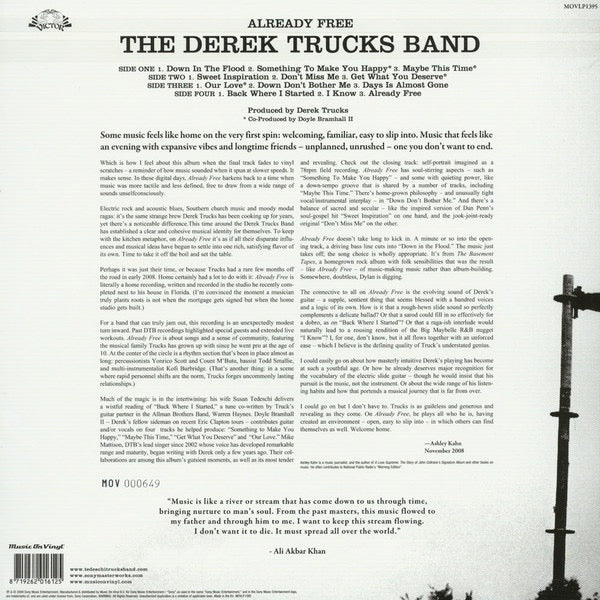 Image of Back Cover of 2xLP - VG+/EX - THE DEREK TRUCKS BAND, Already Free (Music On Vinyl; MOVLP1395, Europe 2020 Reissue, Gatefold, 180 Gram Audiophile Pressing, Blue And White Swirl Vinyl), ,  - 4326438E