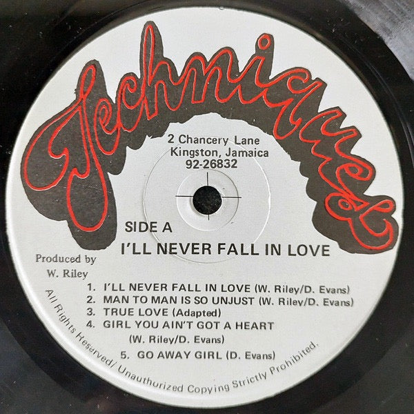 Image of Label Cover of LP - VG/G+ - THE TECHNIQUES, I'll Never Fall In Love (Techniques; none, Jamaica 1983), Small patch of sticker damage to sleeve.,  - 4416127C