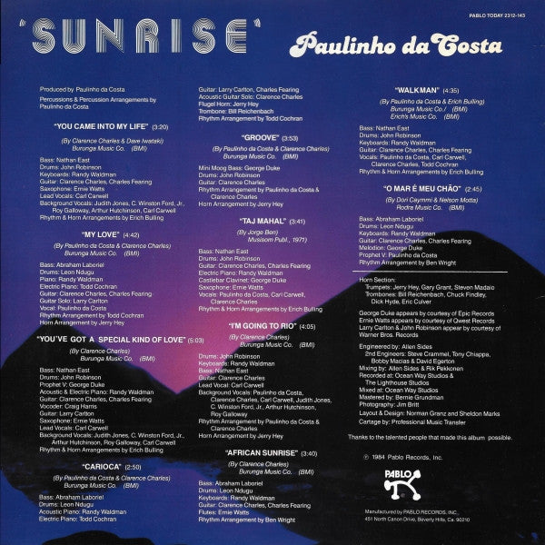 Image of Back Cover of LP - VG+/VG - PAULINHO DA COSTA, Sunrise (Pablo Today; 2312-143, US 1984), Sleeve in opened shrinkwrap, vinyl in strong VG.,  - 4446056S