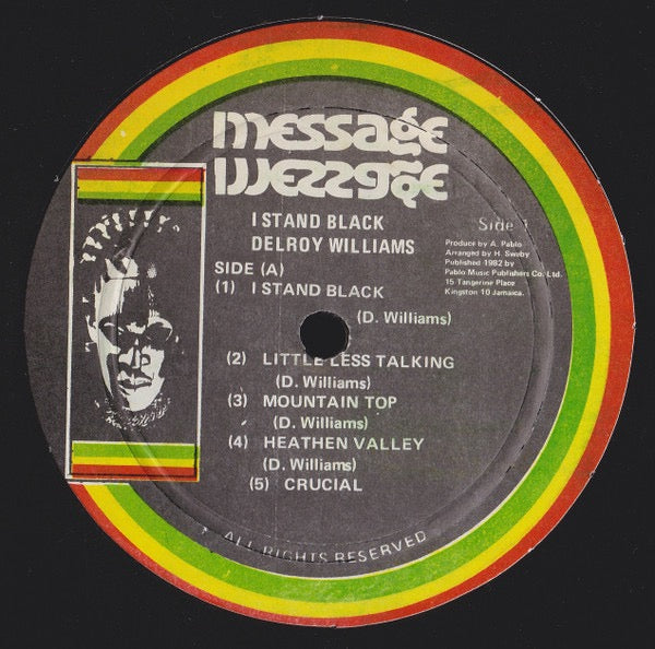 Image of Label Cover of LP - VG/VG+ - DELROY WILLIAMS, I Stand Black (Message; , Jamaica 1982), Shiny clean EX copy. Beverley's distribution sticker on sleeve, tiny tear at the back.,  - 4416139C