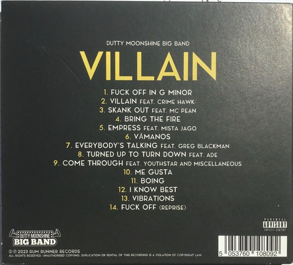 Image of Back Cover of 2xLP - VG/VG+ - DUTTY MOONSHINE BIG BAND, Villain (Rum Runner Records; RRRDM2LP, UK & Ireland 2023, 2 Inners), Opened instore, minor creasing to sleeve.,  - 4416106C