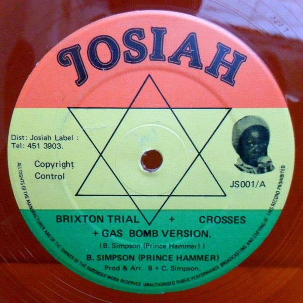 Image of Front Cover of 12" - /VG - PRINCE HAMMER, Brixton Trial + Crosses (Josiah; JS001, UK , Plain Sleeve, Orange Translucent Vinyl), Light marks only. Orange Vinyl.,  - 4416132C