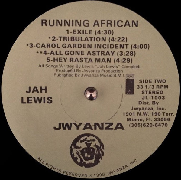 Image of Label Cover of LP - VG/VG+ - JAH LEWIS, Running African (Jwyanza; JL-1003, US 1990), ,  - 4416153C