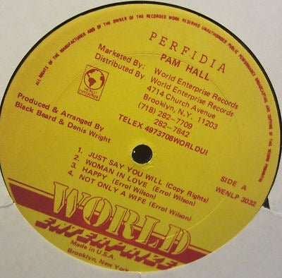 Image of Label Cover of LP - VG+/EX - PAM HALL, Perfidia (World Enterprize Records; WENLP 3032, US 1987), ,  - 4416154C