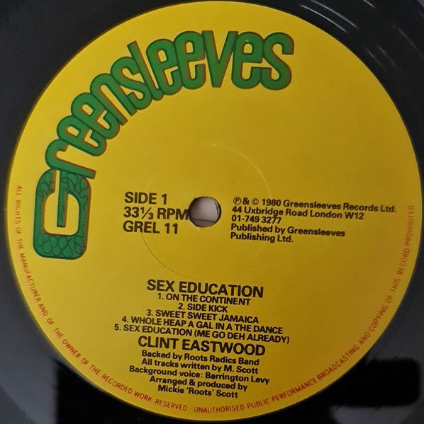 Image of Label Cover of LP - VG/VG+ - CLINT EASTWOOD, Sex Education (Greensleeves Records; GREL 11, UK 1980), Light marks only. Edge and spine wear on sleeve.,  - 4416155C