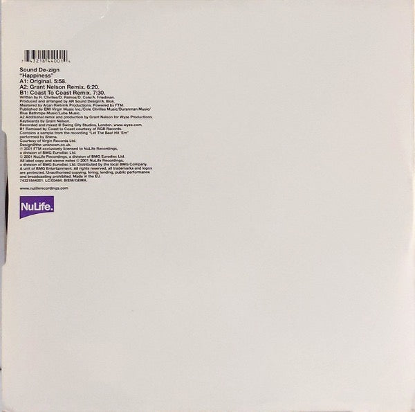 Image of Back Cover of 12" - VG/G+ - SOUND DE-ZIGN, Happiness (NuLife; 74321 84400 1, UK 2001, Titled Company Sleeve), Marks on disc,  - 4416111C