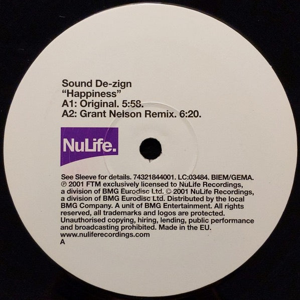 Image of Label Cover of 12" - VG/G+ - SOUND DE-ZIGN, Happiness (NuLife; 74321 84400 1, UK 2001, Titled Company Sleeve), Marks on disc,  - 4416111C