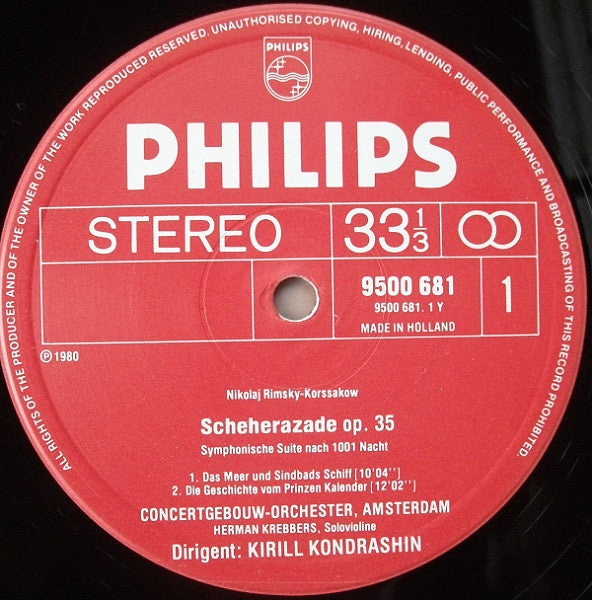 Image of Label Cover of LP - VG+/VG+ - KIRILL KONDRASHIN, CONCERTGEBOUW ORCHESTRA, AMSTERDAM, HERMAN KREBBERS, Rimsky-Korsakov: Scheherazade (Philips; 9500 681, Europe 1980), ,  - 4326307E