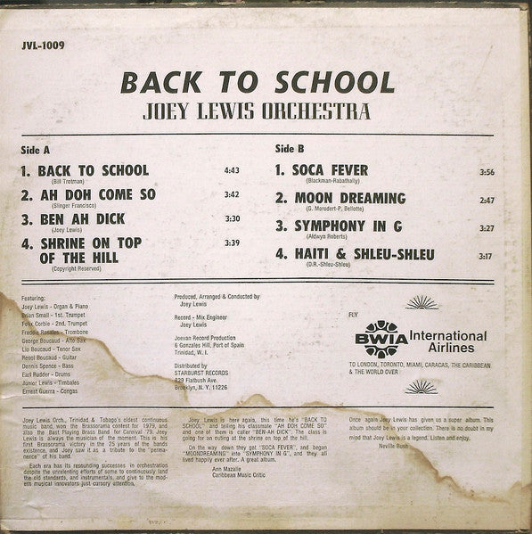Image of Back Cover of LP - G+/VG - JOEY LEWIS ORCHESTRA*, Back To School (Joevan Records; JVL 1009, Trinidad & Tobago ), Orange & White 'JoeVan' label. Has writing & record shop stamp on it. Sleeve has taped up edges. Light marks but plays great!,  - 4426060E