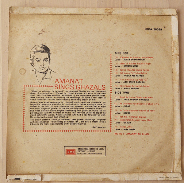 Image of Back Cover of LP - VG/VG - USTAD AMANAT ALI KHAN, Amanat Sings Ghazals (His Master's Voice; LKDA 20039, Pakistan , Flipback Sleeve), Strong VG,  - 4326308E