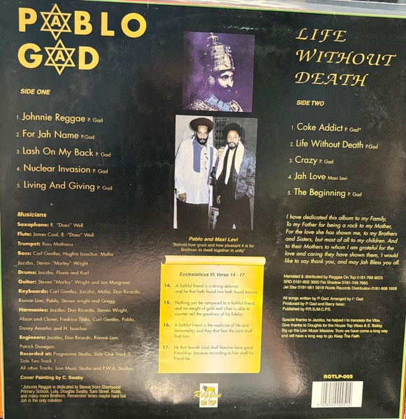 Image of Back Cover of LP - /VG - PABLO GAD, Life Without Death (Reggae On Top; ROTLP-005, UK 1993), White label test pressing with track listing hand written on both sides in plan 12'' sleeve. Light hairline marks that don't affect play. , A1		Johnnie ReggaeA2		For Jah NameA3		Lash On My BackA4		Nuclear InvasionA5		Living And GivingB1		Coke AddictB2		Life Without DeathB3		CrazyB4		Jah LoveB5		The Beginning - 4226062E
