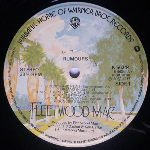 Image of Label Cover of LP - VG+/VG - FLEETWOOD MAC, Rumours (Warner Bros. Records Burbank Labels; K 56344, UK 1970s Reissue, Textured Sleeve, Insert, ALLEN EG S-), Strong VG Disc,  - 4416080C
