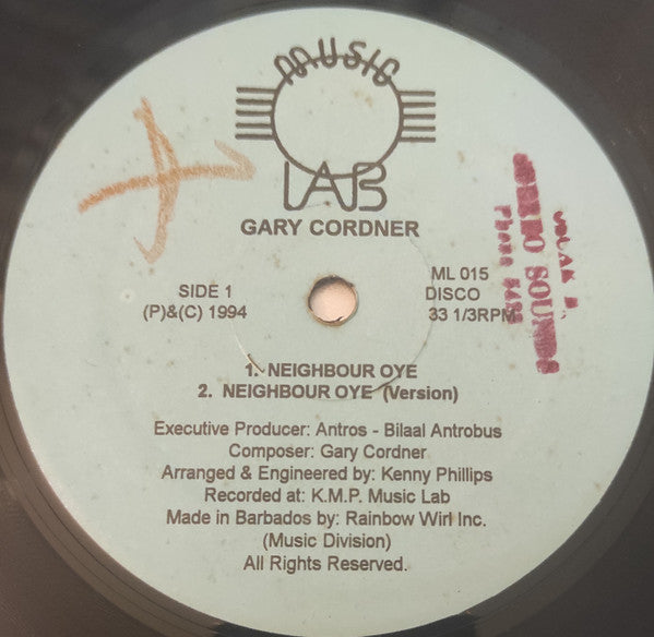 Image of Front Cover of 12" - /VG+ - GARY CORDNER, Neighbour Oye (Music Lab; ML 015, Barbados 1994), ,  - 4446095S