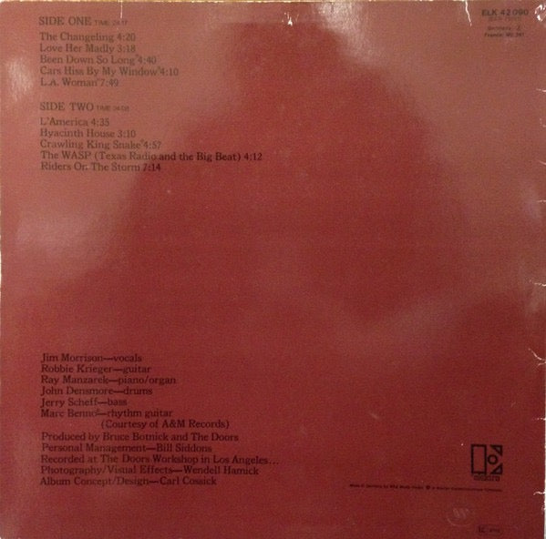 Image of Back Cover of LP - VG/VG - THE DOORS, L.A. Woman (Elektra Red Labels With White Logo/Rim Text & No GEMA Box; K 42 090, Europe 1984 Reissue), Strong VG,  - 4416082C