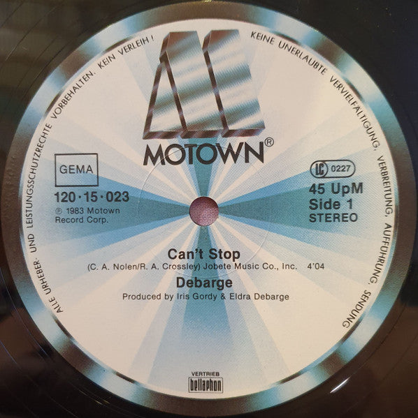 Image of Label Cover of 12" - VG/VG+ - DEBARGE, Can't Stop / Stop! Don't Tease Me (Motown; 120�15�023, Germany 1983, Picture Sleeve), ,  - 4426104E