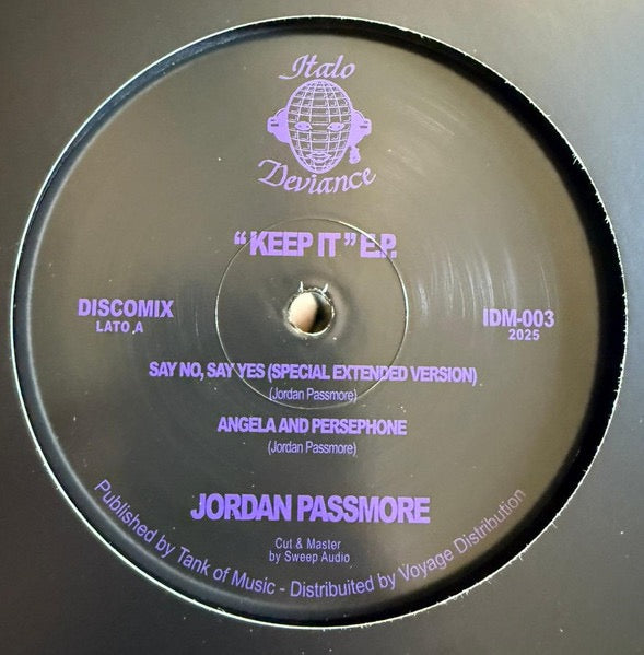 Image of Back Cover of 12" EP - /VG+ - JORDAN PASSMORE, "Keep it" E.P. (Italo Deviance Records; IDM-003, Italy 2025), , A1		Say No, Say Yes (Special Extended Version)A2		Angelica and PersephoneB1		Keep It (Extended Edit)B2		Midnight AlertB3		Wired Access Panel - 4416084C