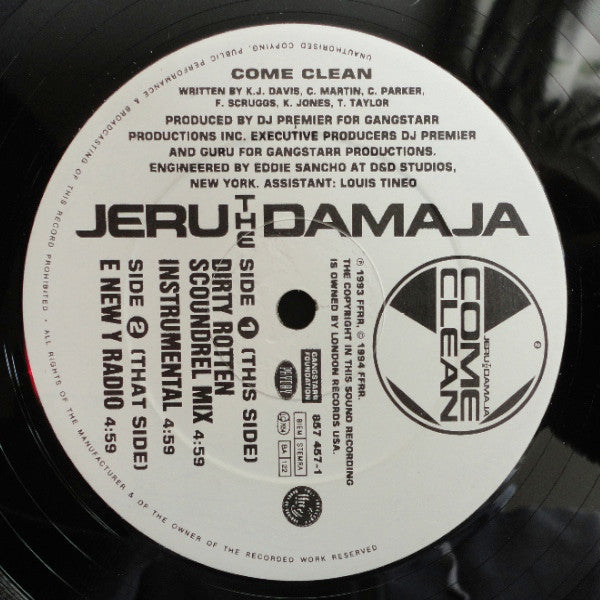 Image of Front Cover of 12" - /EX - JERU THE DAMAJA, Come Clean (FFRR; 857 457-1, UK 1994, Plain sleeve), ,  - 4446160S