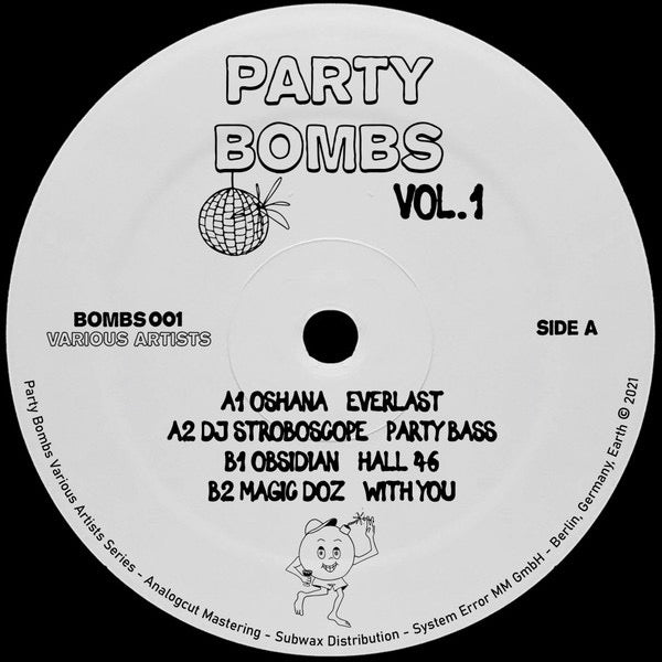 Image of Front Cover of 12" EP - /VG - VARIOUS, Party Bombs Vol.1 (System Error; BOMBS001, Germany 2021), , A1	Oshana�	Everlast	7:33A2	DJ Stroboscope�	Party Bass	4:52B1	Obsidian (24)�	Hall 46	7:06B2	Magic Doz�	With You	6:09 - 4416090C