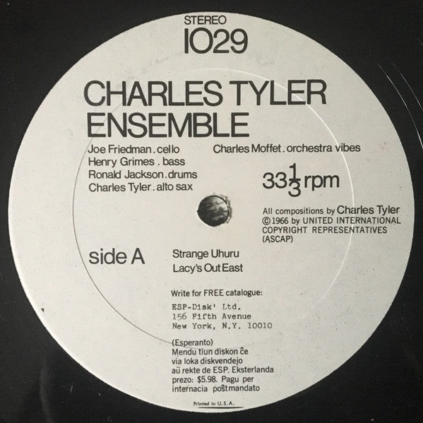 Image of Label Cover of LP - VG/VG+ - CHARLES TYLER ENSEMBLE, Charles Tyler Ensemble (ESP-Disk'; 1029, US 1966), , A couple of very light hairlines only. Sleeve has a slightly spotty ringwear ring on front, rear has discolouration.  - 4426083E
