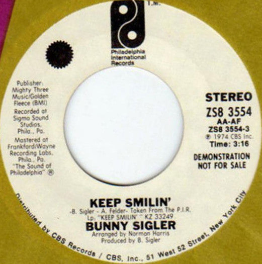 Image of Front Cover of 7" - /VG+ - BUNNY SIGLER, Keep Smilin' (Philadelphia International Records; ZS8 3554, US 1974, Promo), ,  - 4456005S