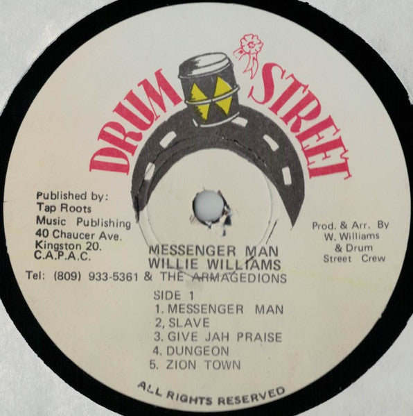 Image of Label Cover of LP - VG/VG - WILLIE WILLIAMS & THE ARMAGEDIONS, Messenger Man (Drum Street; INLP1953, Jamaica 1980s Reissue, First Reissue), Clean copy. Track B4 has a feelable marks that affects play. Clean labels. Light wear on sleeve.,  - 4446129S
