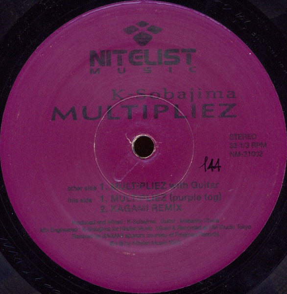 Image of Front Cover of 12" - VG/VG - K-SOBAJIMA, Multipliez (Nitelist Music; NM-21002, Japan 2001, Stickered Company Sleeve), Strong VG, A		Multipliez (With Guitar)B1		Multipliez (Purple Fog)B2		Multipliez (Kagami Remix) - 4416100C