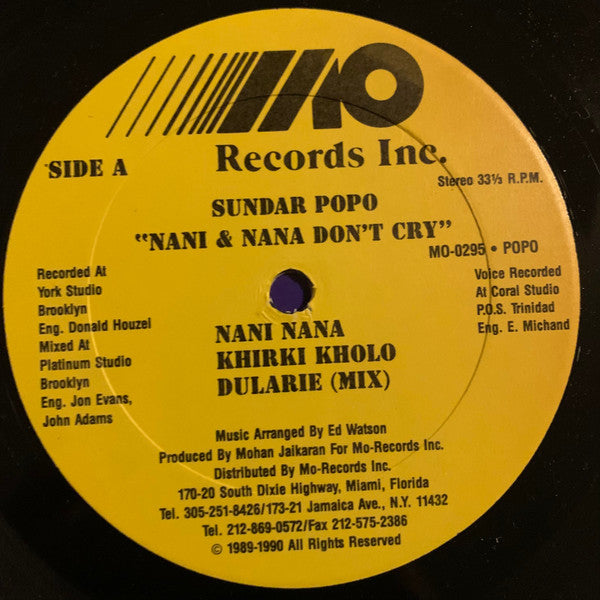Image of Label Cover of 12" - VG/VG - SUNDAR POPO, Nani & Nana Don't Cry (Mo Records; MO-0295, US 1990), Sticker and stamp on centres,  - 4446164S