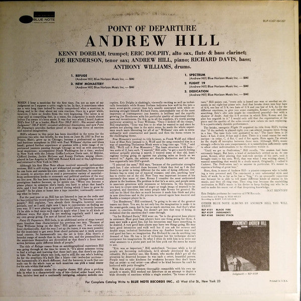 Image of Back Cover of LP - G+/G+ - ANDREW HILL, Point Of Departure (Blue Note (Dark Blue w/ black 'b'); BST-84167, US 1973 Reissue, Company Inner, Stereo), Disc conservatively graded, with lighter marks only. Sleeve has split and damaged spine; inner discoloured,  - 4416465C