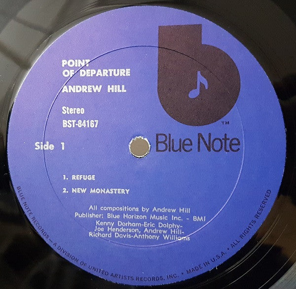 Image of Label Cover of LP - G+/G+ - ANDREW HILL, Point Of Departure (Blue Note (Dark Blue w/ black 'b'); BST-84167, US 1973 Reissue, Company Inner, Stereo), Disc conservatively graded, with lighter marks only. Sleeve has split and damaged spine; inner discoloured,  - 4416465C