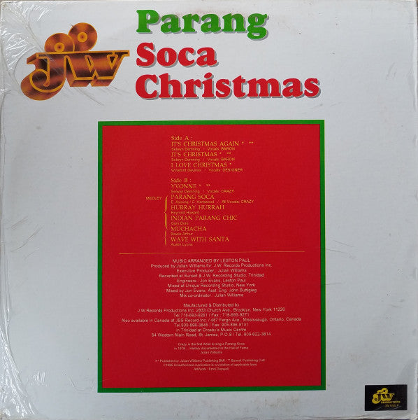 Image of Back Cover of LP - VG/VG - VARIOUS, Parang Soca Christmas (JW Productions; JW 100LP, US 1995), WOS/WOL,  - 4446168S