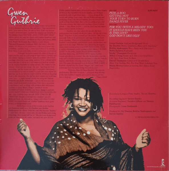 Image of Back Cover of LP - G+/VG - GWEN GUTHRIE, Gwen Guthrie (Island Records ; ILPS 9699, UK 1982), Vinyl in strong VG, sleeve in VG shope but has genearl wear and stickers at front.,  - 4446203S