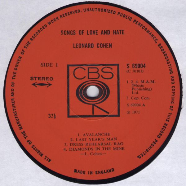 Image of Label Cover of LP - VG/VG - LEONARD COHEN, Songs of Love and Hate (CBS Orange Labels; S 69004, UK 1971, No Booklet, A3/B4 Matrix), ,  - 3316532C