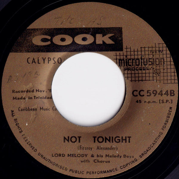Image of Front Cover of 7" - /G+ - LORD MELODY, Cowboy Sparrow / Not Tonight (Cook; CC 5944, Trinidad & Tobago 1959), Plays great. Label wear.,  - 4426202E