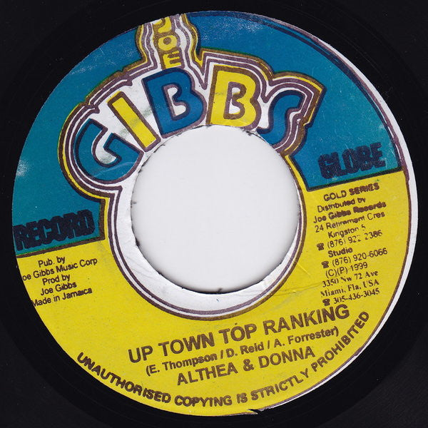Image of Front Cover of 7" - /VG - ALTHEA & DONNA / THE PROFESSIONALS, Up Town Top Ranking / Calico Suit (Joe Gibbs Record Globe; , Jamaica 1999 Reissue), Foggy press.,  - 4426204E