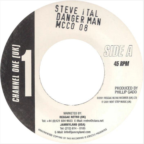 Image of Front Cover of 7" - /VG - STEVE ITAL & HI TECH ROOTS DYNAMICS, Danger Man (Channel One ; MCCO 08, UK 2001, Stamped Titles), ,  - 4426205E
