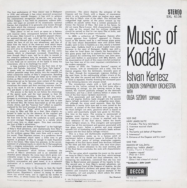 Image of Back Cover of LP - VG+/VG+ - ISTVAN KERTESZ, LONDON SYMPHONY ORCHESTRA, Music Of Kod�ly (Decca Black Unboxed Wideband - Original Recording at 11 O'Clock - Grooved ED1; SXL 6136, UK 1965, Laminated Front Sleeve), ,  - 4426092E