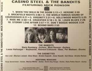 Image of Back Cover of CD - EX/VG - CASINO STEEL & THE BANDITS FEATURING MICK RONSON, Casino Steel & The Bandits Featuring Mick Ronson (Revolution Records; REX CD 03, Norway 1991, Jewel Case), ,  - 4436097E