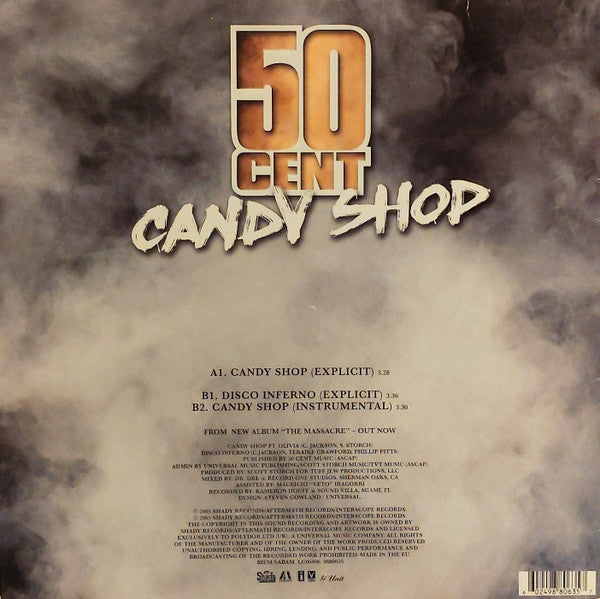 Image of Back Cover of 12" - VG/G+ - 50 CENT, Candy Shop (Shady Records; 9880635, Europe 2005, Picture Sleeve), Sleeve has sticker ghost / damage, and some edge wear,  - 4416579C