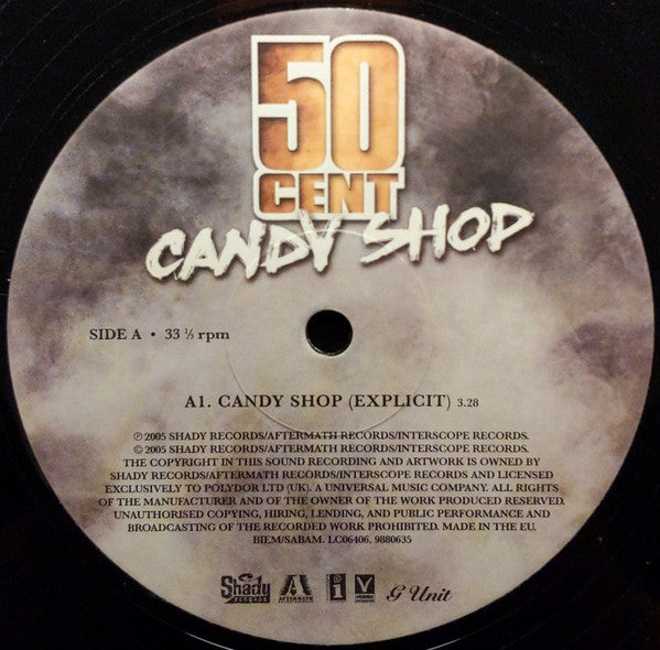 Image of Label Cover of 12" - VG/G+ - 50 CENT, Candy Shop (Shady Records; 9880635, Europe 2005, Picture Sleeve), Sleeve has sticker ghost / damage, and some edge wear,  - 4416579C