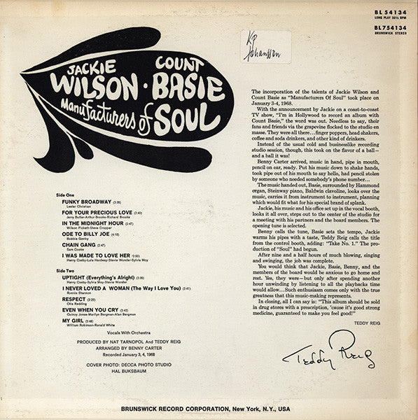 Image of Back Cover of LP - VG+/EX - JACKIE WILSON & COUNT BASIE, Manufacturers Of Soul (Brunswick; BL 754134, US 1968, Pasteback Sleeve, Inner), Small 'cut out' hole on sleeve.,  - 4426170E