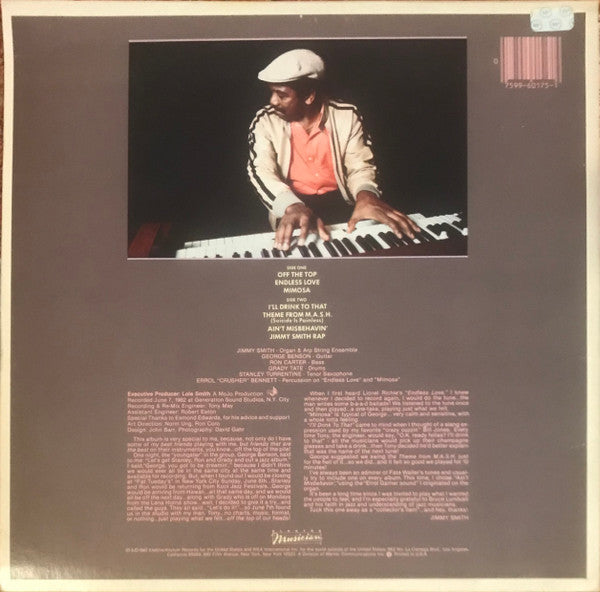 Image of Back Cover of LP - G+/VG - JIMMY SMITH FEATURING GEORGE BENSON, RON CARTER, GRADY TATE, STANLEY TURRENTINE, Off The Top (Elektra Musician; 60175, US 1982), Sleeve slightly discoloured, stained, creased, a sticker on reverse,  - 4416584C