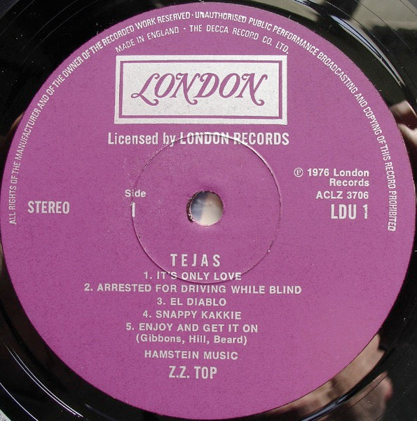 Image of Label Cover of 0125090E: LP - ZZ TOP, Tejas (London Purple; LDU 1, UK 1976, Gatefold)   VG+/VG