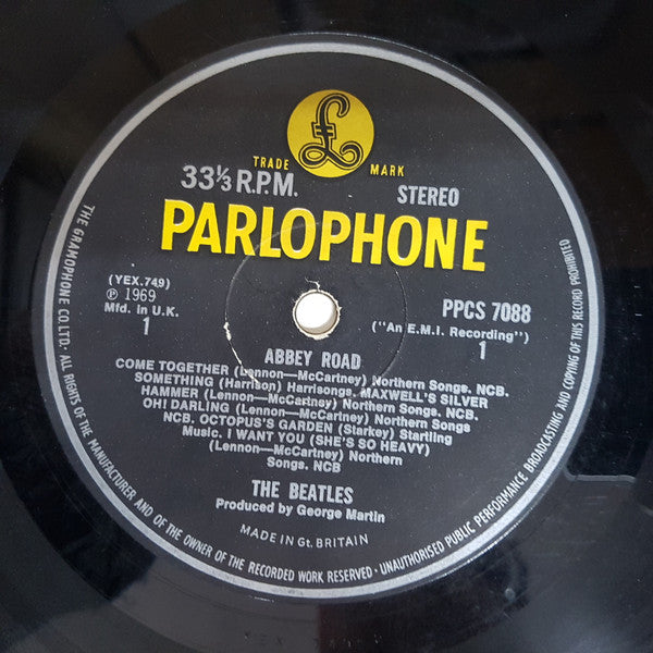Image of Label Cover of LP - VG/G - THE BEATLES, Abbey Road (Parlophone Yellow/Black Label; PPCS 7088,  1969, Laminated Sleeve, Stereo, No Her majesty, Apple symbol aligned, 749-2/750-1 matrix), Feelable scratches, laminate creases, NO original inner,  - 4446231S