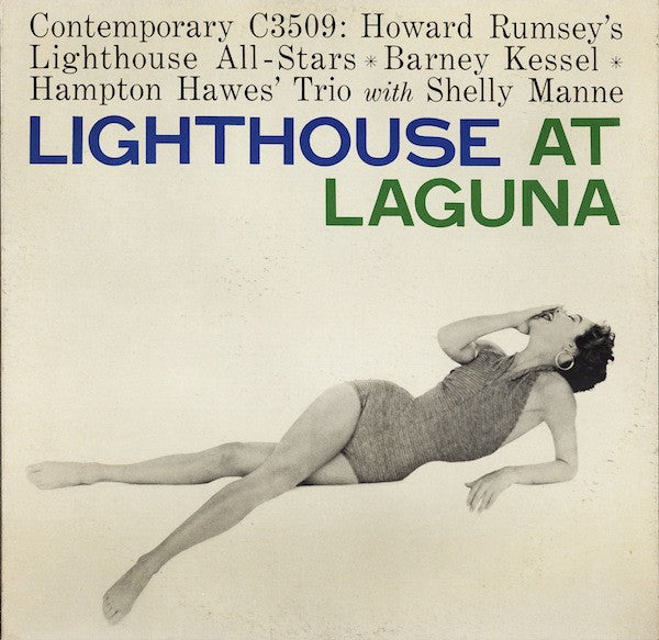 Image of Front Cover of LP - VG/G+ - HOWARD  RUMSEY'S LIGHTHOUSE ALL-STARS, BARNEY KESSEL, HAMPTON HAWES' TRIO, SHELLY MANNE, Lighthouse At Laguna (Contemporary Records ; C3509, US 1956, Pasteback Sleeve), Edge wear and moisture marks but sturdy cover. Hairlines around disc.,  - 4446257S
