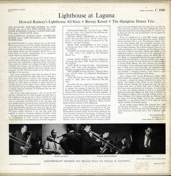 Image of Back Cover of LP - VG/G+ - HOWARD  RUMSEY'S LIGHTHOUSE ALL-STARS, BARNEY KESSEL, HAMPTON HAWES' TRIO, SHELLY MANNE, Lighthouse At Laguna (Contemporary Records ; C3509, US 1956, Pasteback Sleeve), Edge wear and moisture marks but sturdy cover. Hairlines around disc.,  - 4446257S