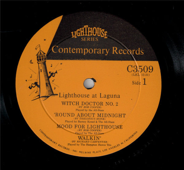 Image of Label Cover of LP - VG/G+ - HOWARD  RUMSEY'S LIGHTHOUSE ALL-STARS, BARNEY KESSEL, HAMPTON HAWES' TRIO, SHELLY MANNE, Lighthouse At Laguna (Contemporary Records ; C3509, US 1956, Pasteback Sleeve), Edge wear and moisture marks but sturdy cover. Hairlines around disc.,  - 4446257S