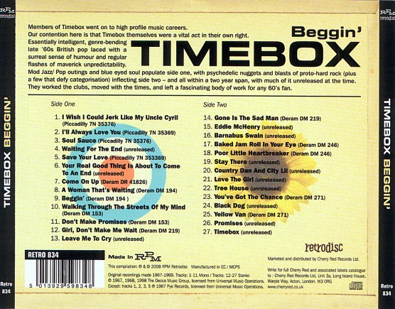 Image of Back Cover of CD - VG+/VG+ - TIMEBOX, Beggin' (RPM retrodisc; Retro 834, Europe 2008, Jewel Case), ,  - 4416639C