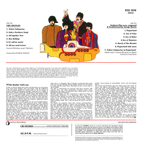 Image of Back Cover of LP - VG+/VG+ - THE BEATLES, Yellow Submarine (Apple; PCS7070, US 2012 Reissue, Inner, 180 Gram Vinyl, NO Made and Printed in the E.U. on lower back cover), ,  - 4446235S